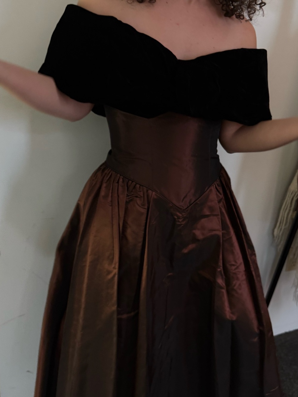 Vintage Velvet Off-Shoulder with Rosette Brown Satin Evening Dress